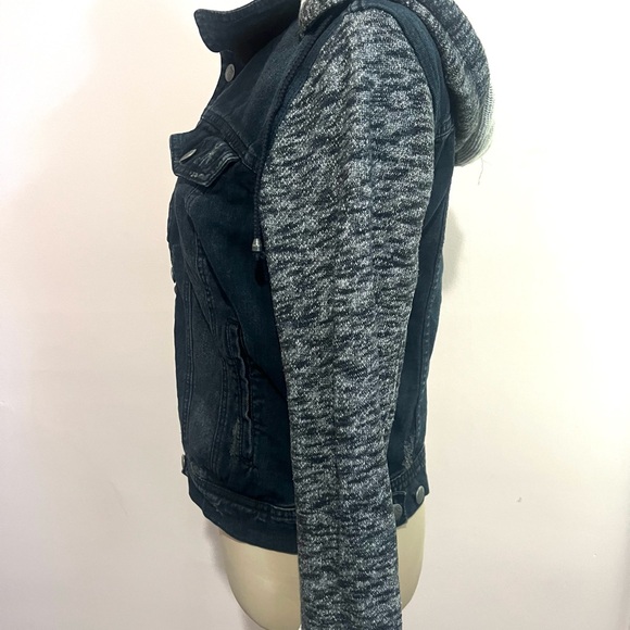 Free People Denim Jacket Hooded Black and Cream Knit Jacket Size Medium - Picture 7 of 16